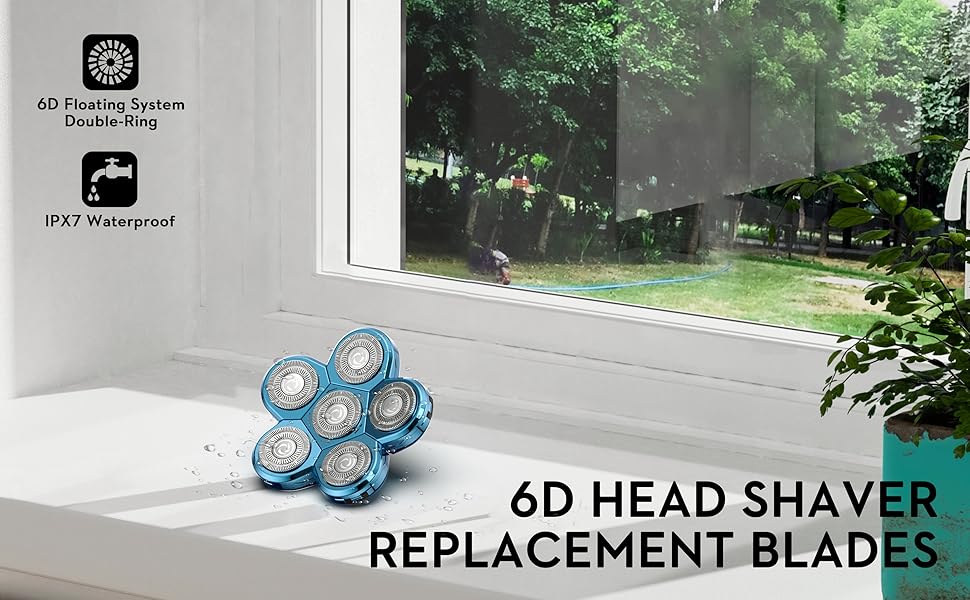 Електричний гостростример для голови чоловічий Kibiy з 6 змінними головками, водонепроникний IPX7, LED-дисплей, зарядка Type-C (6D синій)