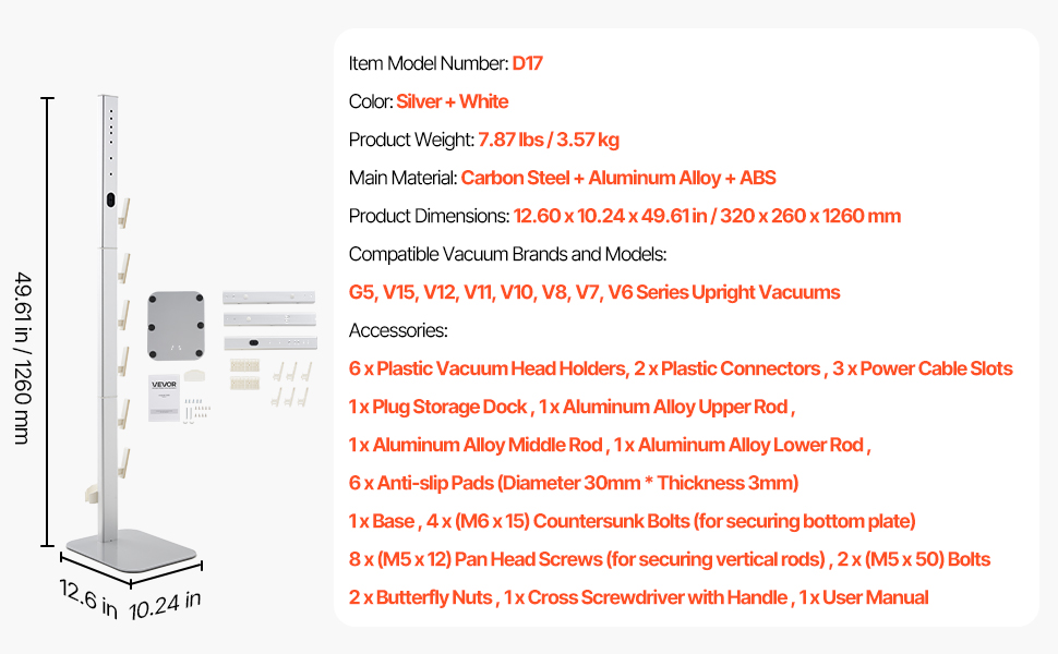 Стійка для пилососа VEVOR 126 см, сумісна з Dyson G5, V15, V12, V11, V10, V8, V7, V6 серії, з аксесуарами, підлогова стійка, кріплення з 6 гачками та антиковзними накладками, сріблястий колір