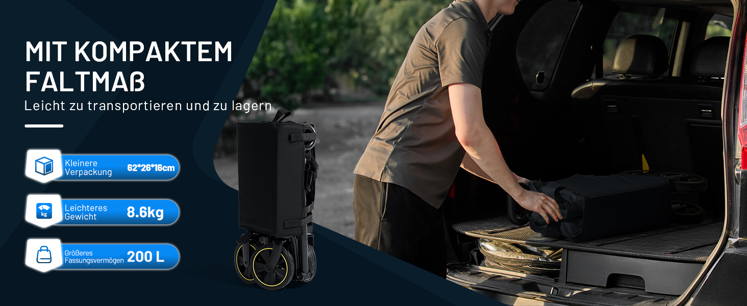 Універсальний складаний візок Timber Ridge 200L для кемпінгу, пляжу та покупок. Чорний, вантажопідйомність 150 кг