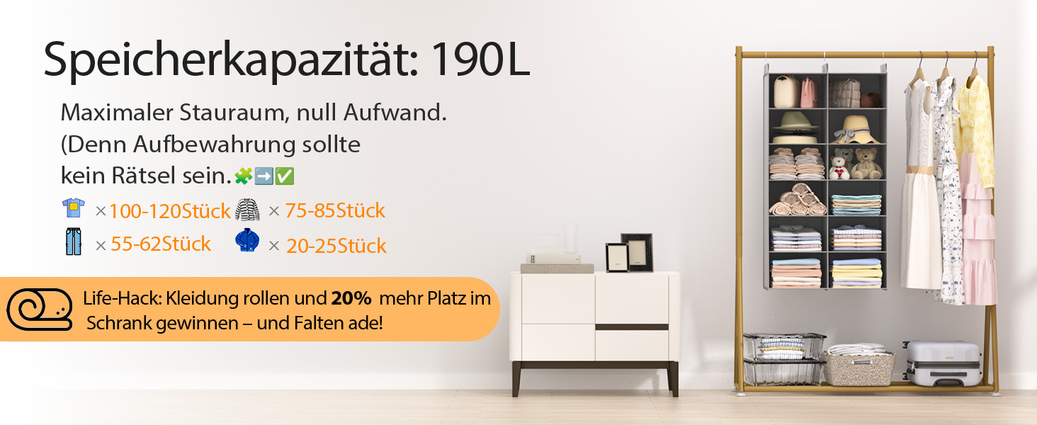 Організатор для шафи з 6 полицями, сірий - для одягу, з металевими гачками, компактний, для спальні, гуртожитку