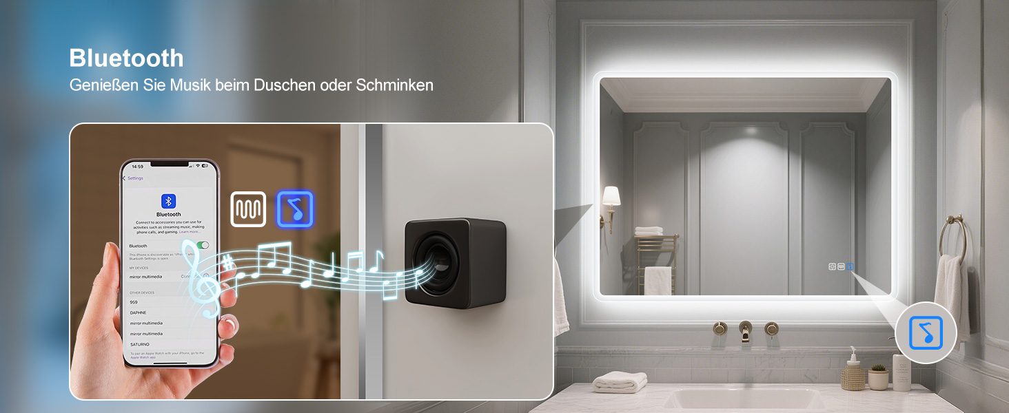 Дзеркало для ванної кімнати зі підсвічуванням STARLEAD 100x70 см, Bluetooth, антизапар, регулювання яскравості, 3 кольори світла, функція пам'яті, IP44, LED, горизонтальне/вертикальне, HD скло, Madrid Silver (Bluetooth)