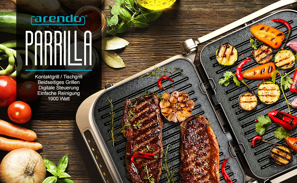 Arendo Electric Grill with Digital Control - 1900W Multi-Function Grill & Sandwich Maker - Stainless Steel, 7 Programs, Easy Clean