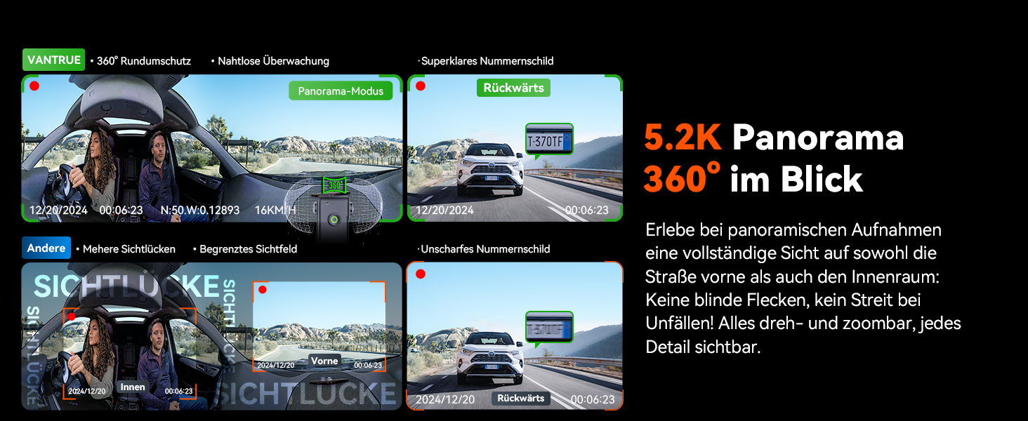 Панорамний автореєстратор VANTRUE E360 ACE 5.2K Dual STARVIS 2 HDR 360°, відеореєстратор з WiFi, GPS, сенсорним екраном 1.54″ та режимом паркування (передній та внутрішній)