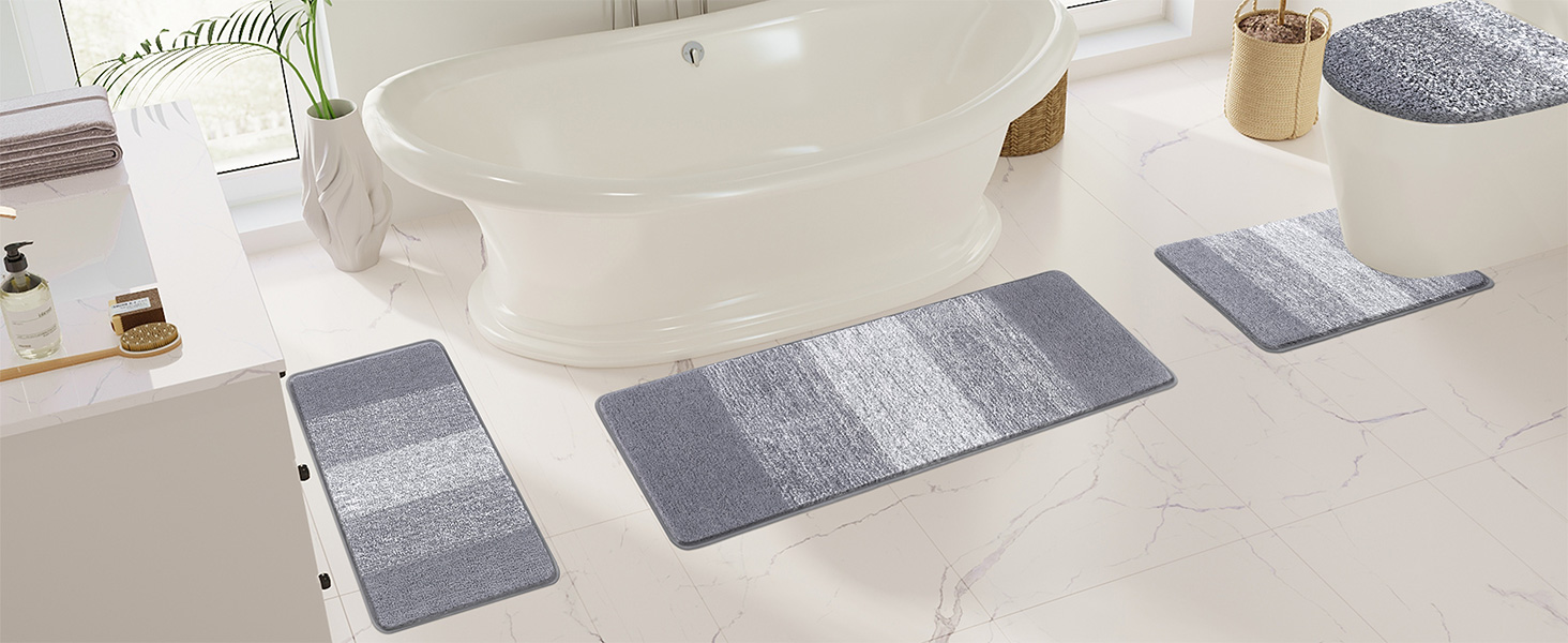 Enyhom 4-Piece Microfiber Bath Mat Set - Non-Slip Bathroom Rugs & Toilet Lid Cover (Grey, 45x65cm, 45x120cm, 50x60cm, 48x53cm)