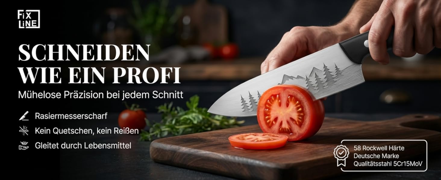 Ніж кухарський FIXLINE® Chefmesser 20 см BLACK FOREST Edition – професійний ніж для кухні, нержавіюча сталь, чорна дерев'яна ручка, подарункова упаковка