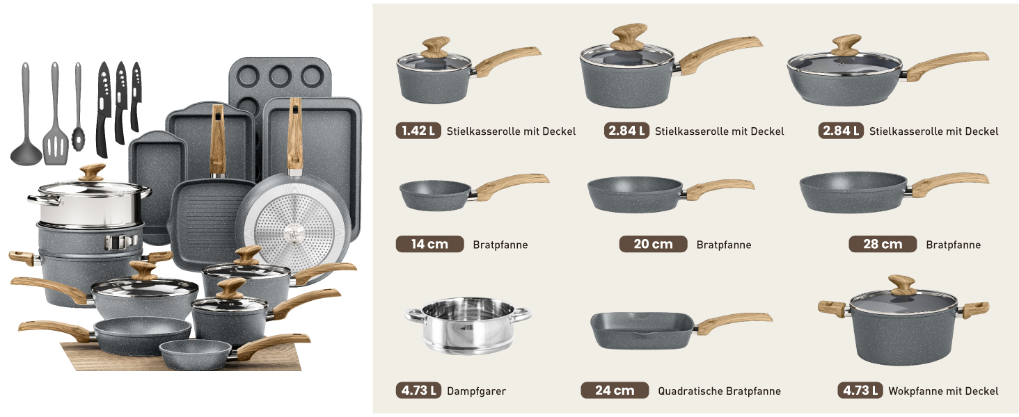Набір каструль та сковорідок Kitchen Academy, 30 предметів, з антипригарним покриттям, сірий