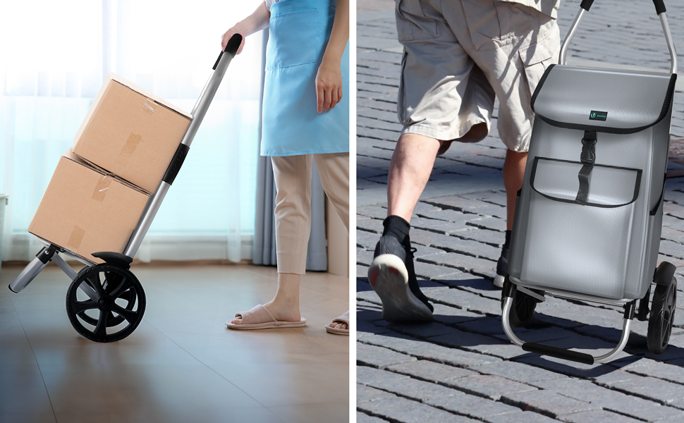 Складаний алюмінієвий візок VOUNOT для покупок, 45 л, водонепроникна сумка, 2 великі колеса з бризковиками, візок для сходів, сірий