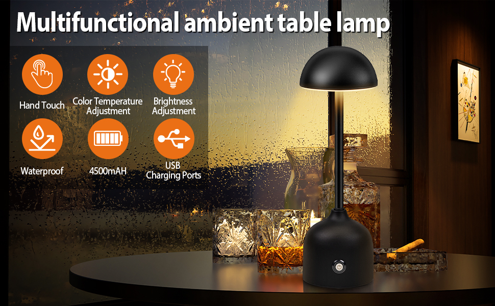 LED настільна лампа бездротова диммерна акумуляторна торшер Touch 3000k/4000k/5000k, 4500mAh, чорна, для дому, бару, готелю, вітальні, їдальні, USB, 1 шт.