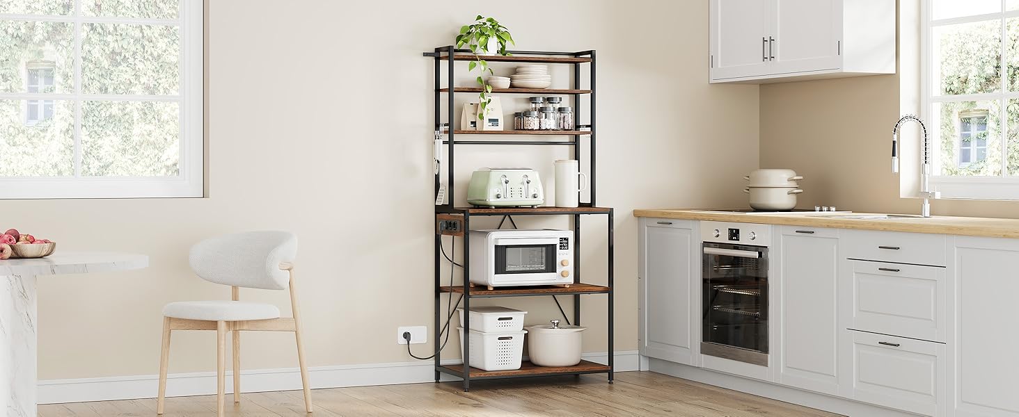 Кухонна полиця WOLTU з 6 ярусами, з розетками, для мікрохвильової печі, з металевим каркасом, регульовані полиці, Чорний+Рустик Браун, 60 x 167 x 40 см (Чорний+Вінтаж Браун, 80 x 39,5 x 167 см)