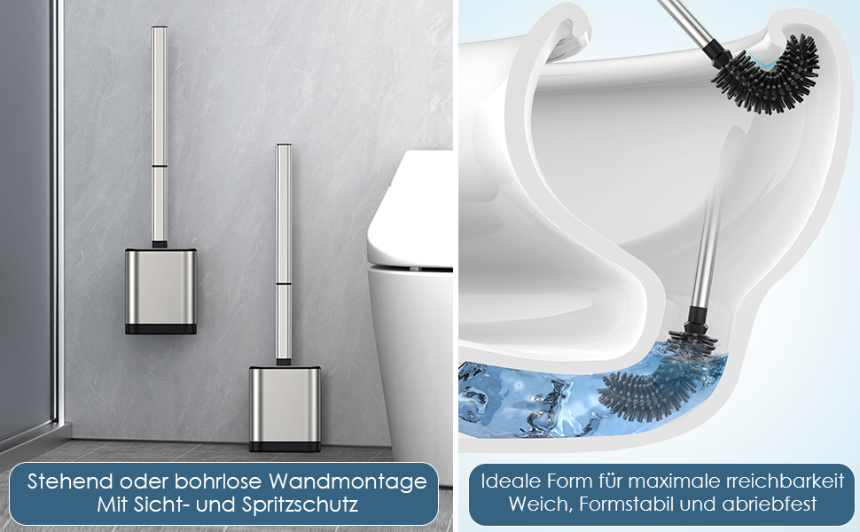 Силіконова щітка для унітазу Klobürste з нержавіючої сталі та контейнером, гнучка щітка для унітазу, настінний монтаж без свердління, срібна