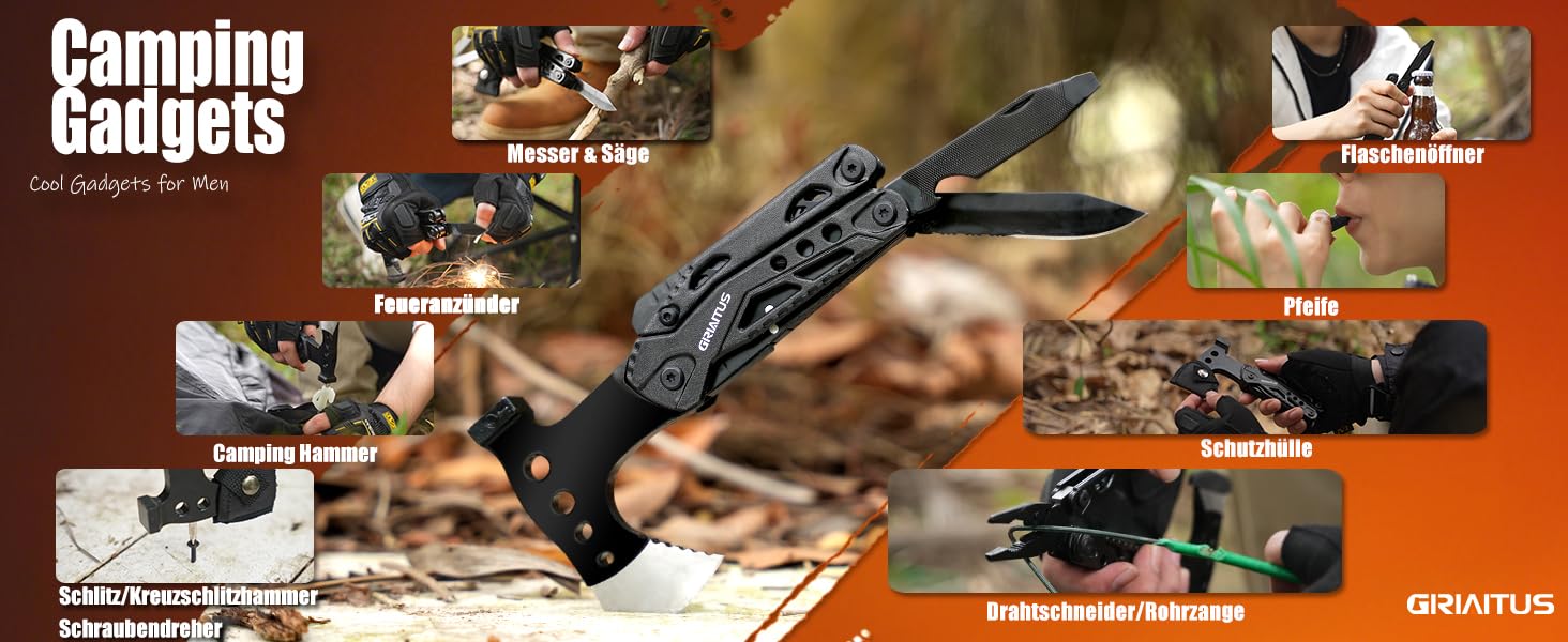 Мультитул 16в1 для чоловіків: набір для кемпінгу, виживання, подарунок на День батька. З сокирою, молотком, плоскогубцями, пилкою, викрутками, відкривачкою для пляшок та ін. Чорний колір