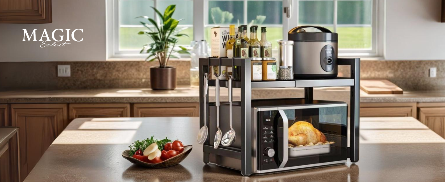 Регульована полиця для мікрохвильової печі та духовки. Організатор для кухні зі сталевими аксесуарами (35–60 см)