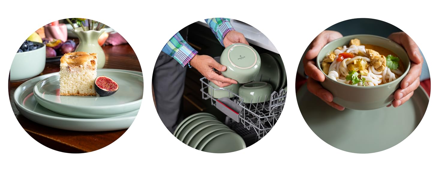 Набір посуду Feinsteinzeug на 6 осіб (18 предметів) — міцний, стійкий до подряпин, бежевий глянцевий | Столовий посуд, тарілки, миски — Magnetiks (Misty Mint, 18 предметів)