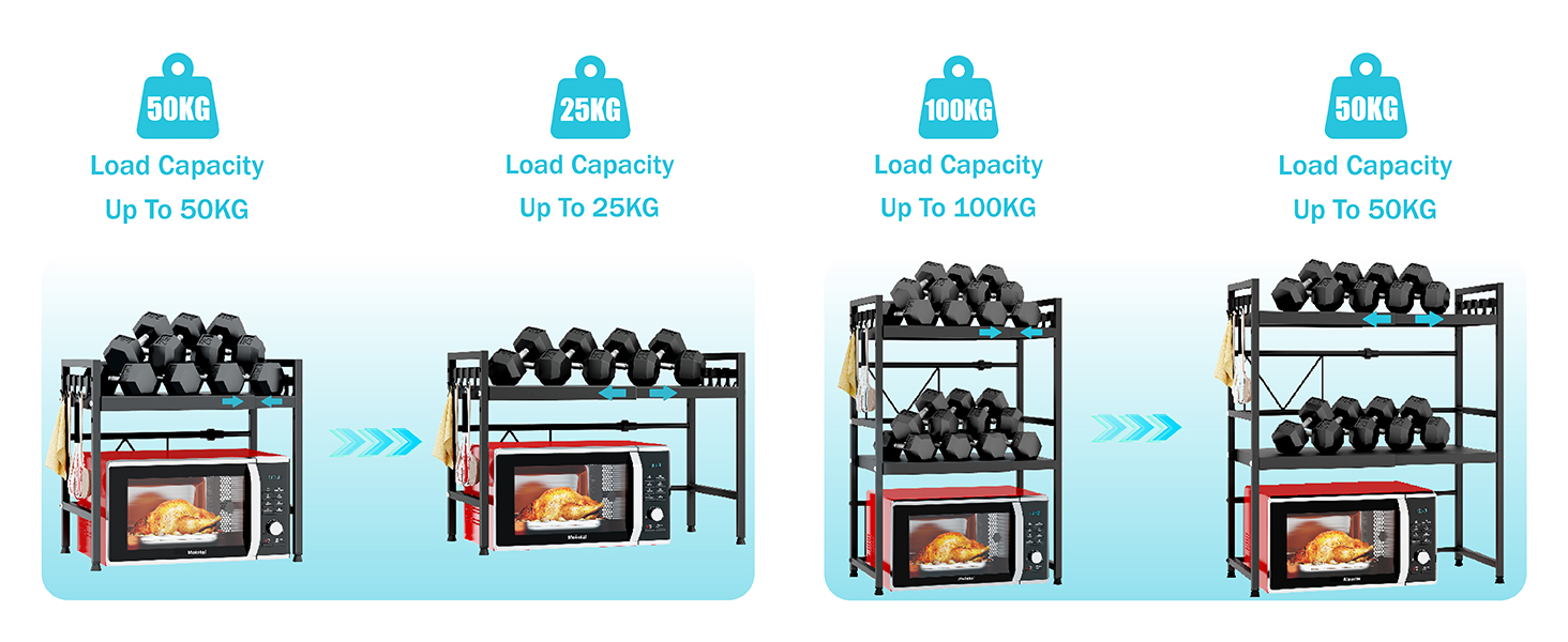 Регульована полиця для мікрохвильової печі, 2-рівнева, розширювана, металева, з 8 гачками, чорна