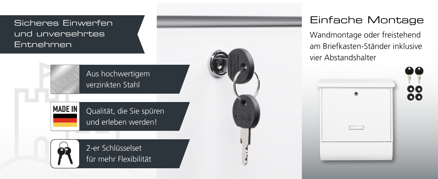 Поштовий ящик Burg-Wächter AMZ 2500 NI з газетницею та табличкою для імені, нержавіюча сталь, формат DIN C4, 2 ключі, білий