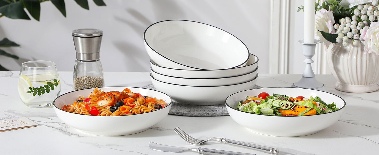 MALACASA Набір посуду 6 предметів: тарілки для пасти, супу, салату, сервірування. Глибокі тарілки для спагеті, велика супова миска. 1250 мл, білий з чорним обідком. Кераміка, преміум якість.