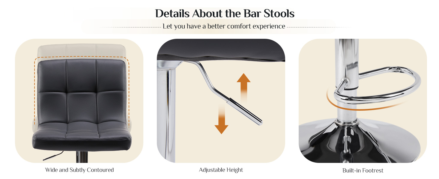 DUMOS Set of 2 Adjustable Bar Stools - Modern Style, Metal Legs, Kitchen Bar Stools with Backrest - for Bar, Kitchen & Living Room (White & Black)