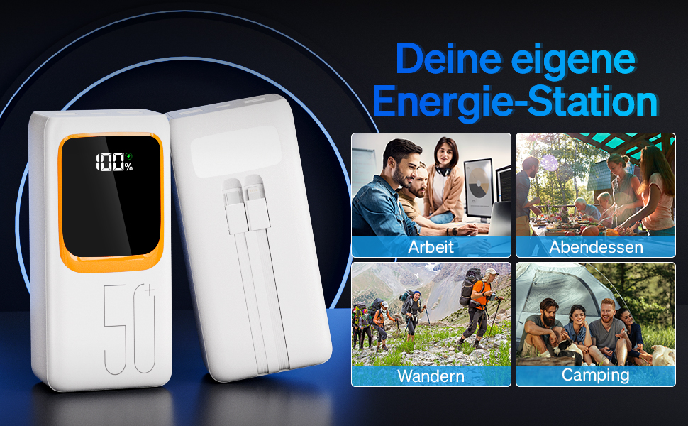 Портативний зарядний пристрій Power Bank 50000mAh з інтегрованим кабелем: швидка зарядка 22,5W, велика ємність, LED-ліхтарик, 7 виходів & 3 входи, 2x25000mAh, білий