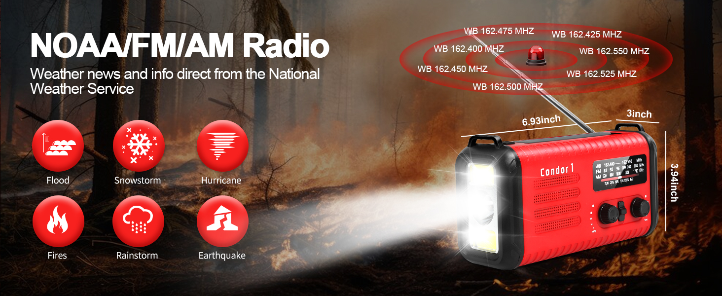 Радіо Kurbelradio на сонячній енергії 20000mAh з AM/FM, SOS-сигналом, LED-ліхтариком та USB-зарядкою, червоне