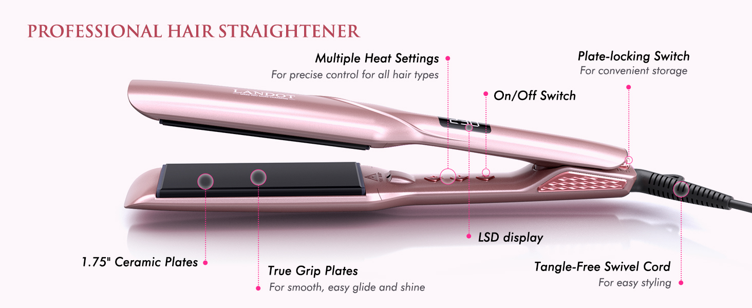 LANDOT Професійний випрямляч для волосся з керамічним покриттям 45 мм, 12 температурних режимів (120–230°C), рожеве золото