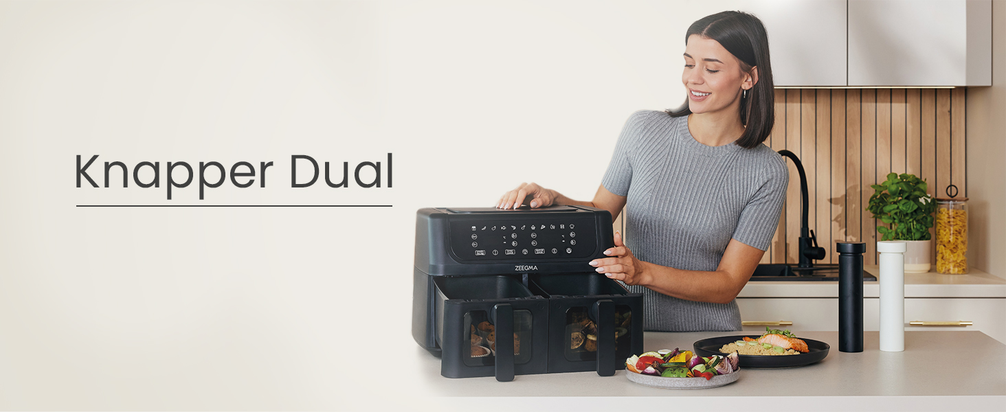 Фритюрниця з гарячим повітрям ZEEGMA KNAPPER DUAL, 1700 Вт, 2 відсіки, 9 л, таймер 60 хв, 11 програм, 60-200 °C, швидкий нагрів, сенсорне керування, чорний