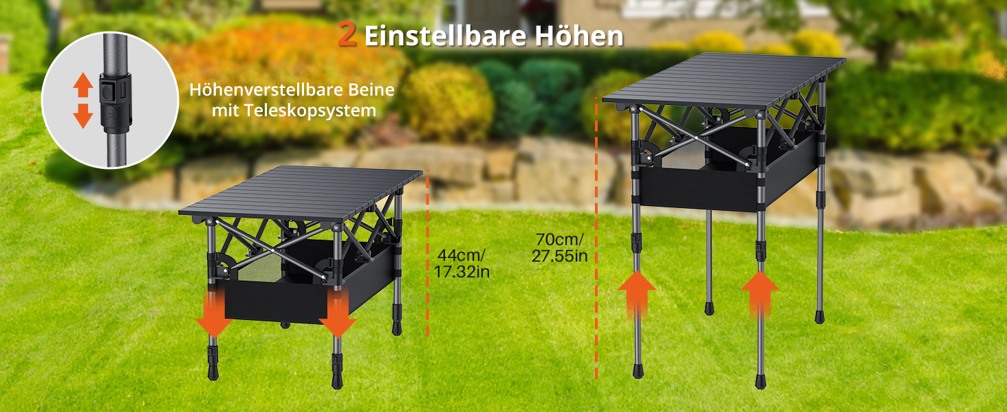 Складаний туристичний стіл FUNYKICH 82x40 см з регулюванням висоти (44/70 см), з сітчастою кишенею, для пікніка, кемпінгу, BBQ, саду