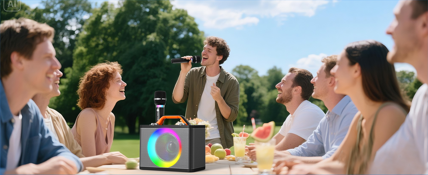 Караоке машина з 2 бездротовими мікрофонами RGB – 5200 mAh, 10 RGB-режимів, незалежне керування, 13 годин відтворення, Hi-Fi звук, підтримка AUX/USB/TF-карт/Coax, чорний