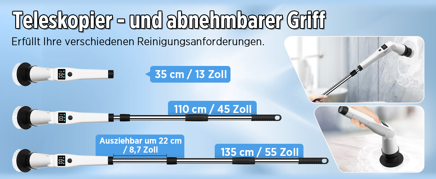 Електрична щітка для прибирання з 8 насадок, 3 швидкості, IP65 водостійка, регульована ручка, акумуляторна щітка для ванної, кухні, плитки, душу та кутів (біла)