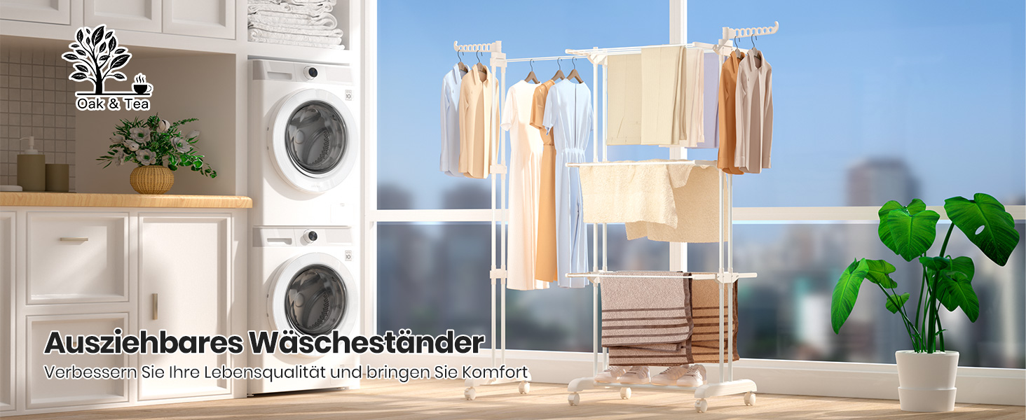 Сушарка для білизни Oak & Tea Turm, 83-200 см, з висувними крилами, XXL, 4 яруси, з колесами, для дому та вулиці, біла