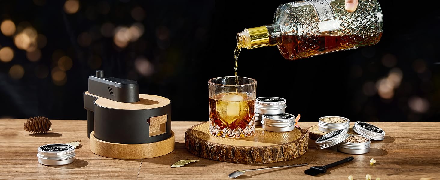 Набір для копчення віскі: 6 видів тирси, дубовий smoker з основою, 2 металеві фільтри, комплект для віскі та Old Fashioned, подарунок для чоловіків (без бутану)