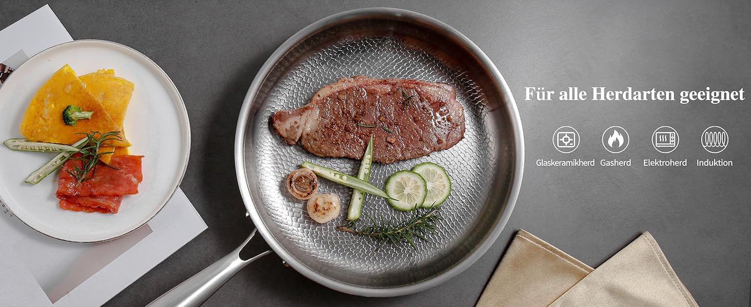 Сковорода з нержавіючої сталі 28 см, антипригарна, з кришкою, 18/10, для індукційних плит, енергоефективна, без PTFE та PFOA