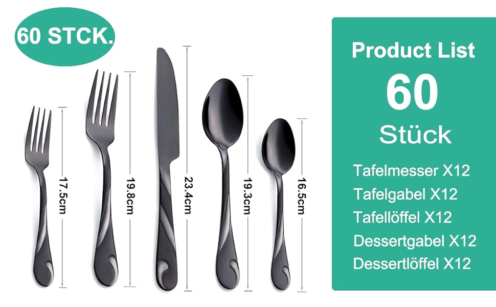 Чорний набір столових приборів на 12 осіб (60 предметів), нержавіюча сталь, блискучий, комплект виделок, ножів та ложок, придатний для миття в посудомийній машині