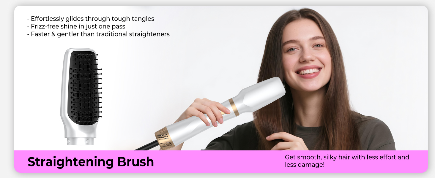 Мультистайлер для волосся 5 в 1 з термощіткою, фен-щіткою, круглою щіткою, плойкою та випрямлячем. Потужність 1000 Вт, 3 температурні режими. Ідеально для об'єму, випрямлення, локонів та сушіння. Білий (білий, рожевий)