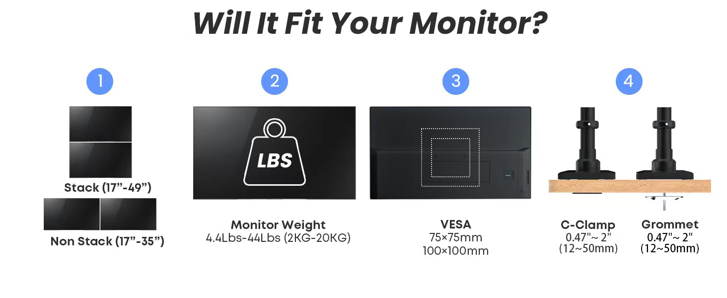Підставка для монітора PUTORSEN для 2 моніторів, 17-49 дюймів, газ-амортизатор, регулювання висоти, поворот, VESA 75/100mm, чорний