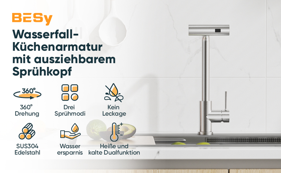 Кухонний змішувач BESy з 3 режимами струменя, висувна лійка, водоспад, поворотний на 360°, з нержавіючої сталі SUS304, для кухні