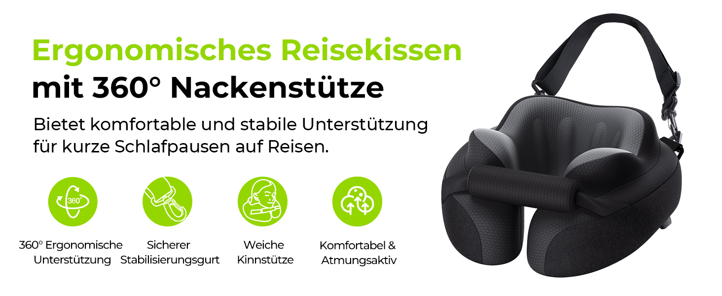 Подушка для шиї AUVON для подорожей: ергономічна підтримка голови та шиї, регульована підставка для підборіддя, дихаюча тканина, проти напруження шиї (літак, авто, поїзд)