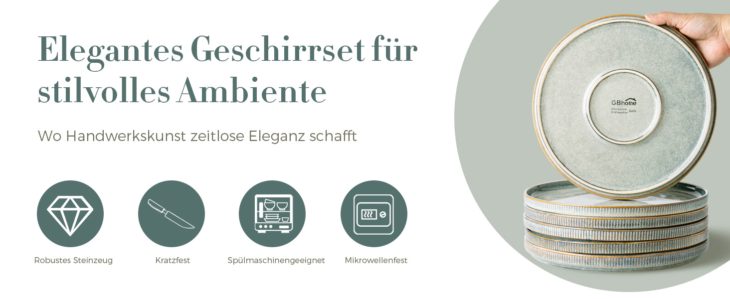 Набір посуду GBhome з реактивної глазурі для 6 осіб (18 предметів), ручна робота, керамічний посуд, безпечний для мікрохвильової печі та посудомийної машини, набір тарілок та мисок, колір Immergrün (Desret Salbei)