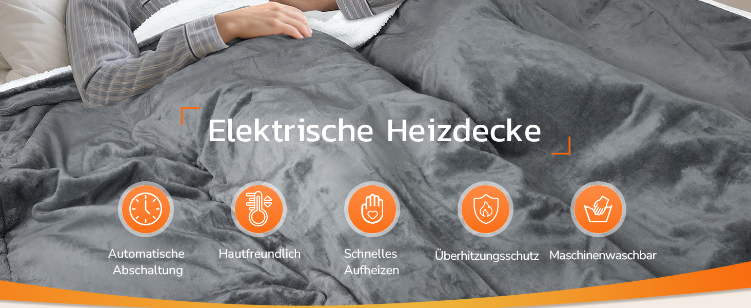 Електрична ковдра PRANITE 180x130 см з Sherpa та Flanell, 6 режимів нагріву, таймер 10 годин, автовимкнення, захист від перегріву, придатна для прання – сіра для ліжка та дивана