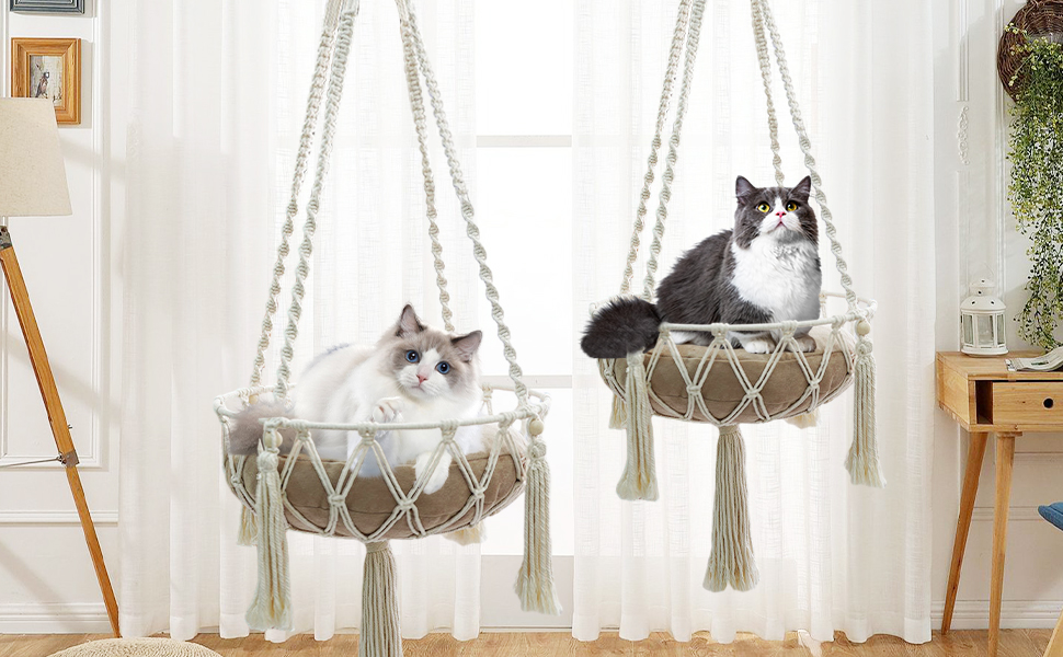 Макраме ліжко для котів, гамак для котів, гойдалка для котів, ручної роботи, підвісні гнізда для котів, діаметр 35 см