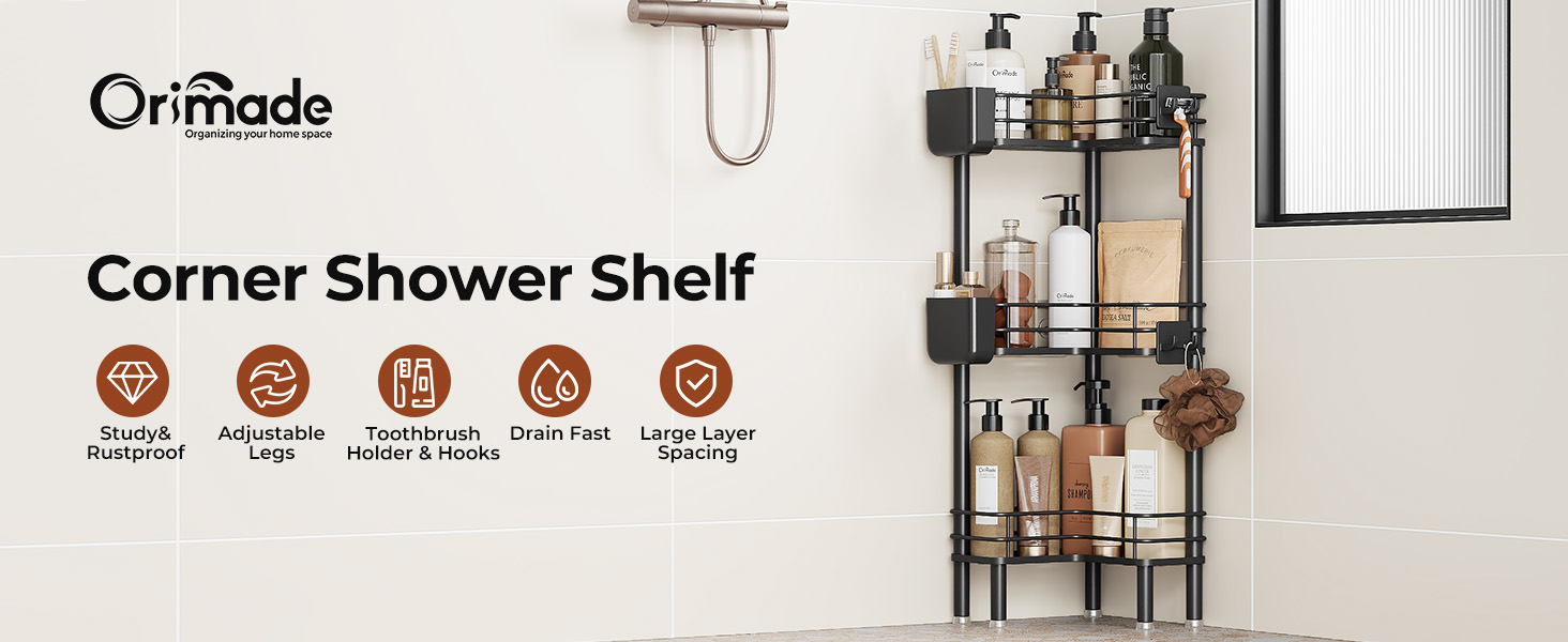 Набір з 3 кутових поличок для душу Orimade, нержавіюча сталь, чорний