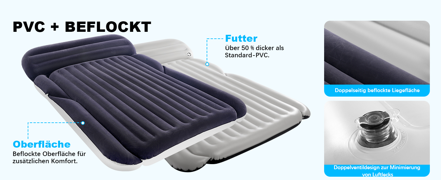 Надувний матрац SUV з 2 подушками – товстий, з фетром, для автомобіля – мобільні подорожі, кемпінг та відпочинок на природі – швидке надування та здування з електричним насосом