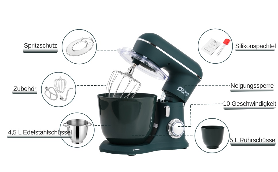 Кухонний комбайн Kitchen in the box: 4.5L та 5L, 1300W, 10+ швидкостей, з набором насадок (крюк, вінчик, гак)