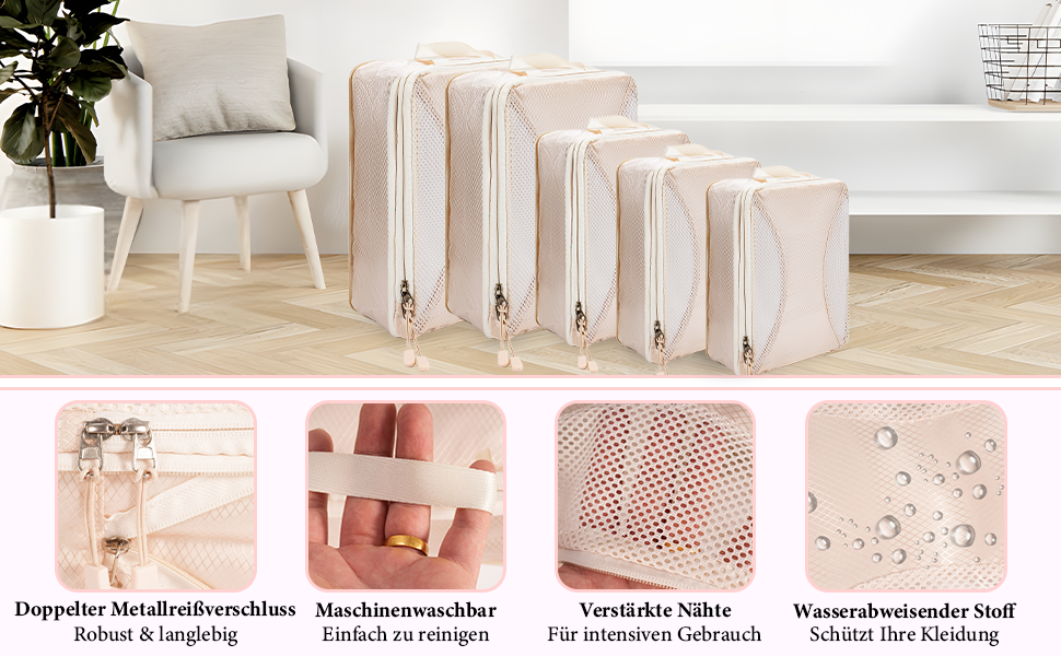 Органайзер для валізи KiwiPower, 8 шт. – комплект кубів для компресії, водонепроникні сумки для одягу для подорожей, ручної поклажі та рюкзаків (Бежевий)