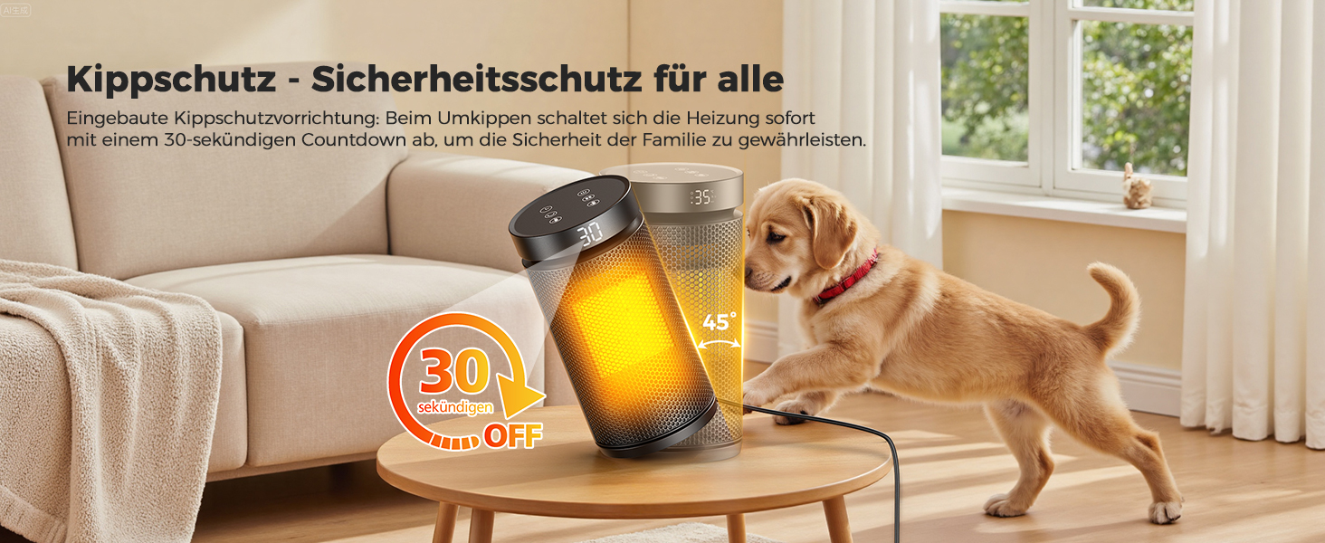 Керамічний обігрівач 1500W з термостатом, захистом від перегріву та нахилу, 75° осциляція, ECO-режим, 2-в-1 для дому (чорний, круглий)