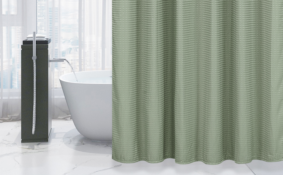 Штора для душу Waffel 183x198 см - текстильна, поліестер, з магнітами, 12 кілець, непрозора, водовідштовхувальна, для ванної кімнати (зелена)