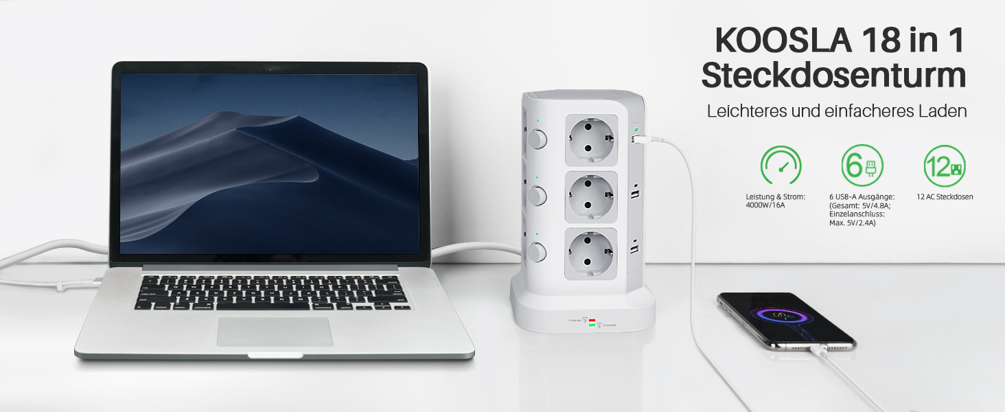 Стедова колонка KOOSLA з 12 розетками, захистом від перенапруги (4000W/16A) та 6 USB, 5м, білий - для офісу, кухні, столу