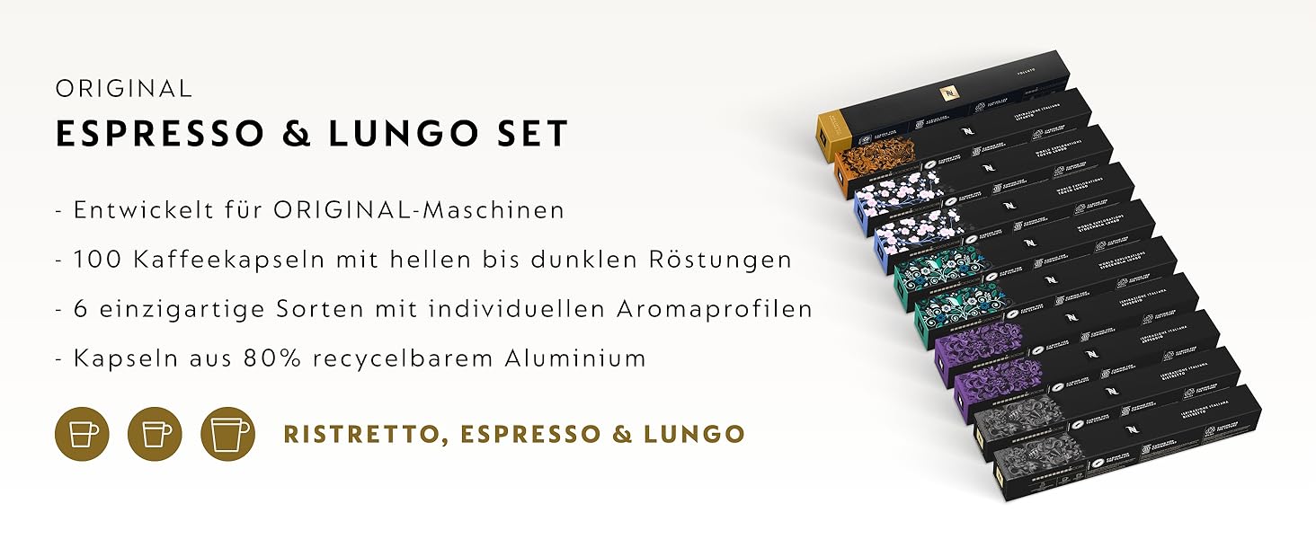 Капсули Nespresso Original: набір 100 шт. Еспресо та Лунго, різні ступені обсмаження, сумісні з оригінальними капсульними машинами