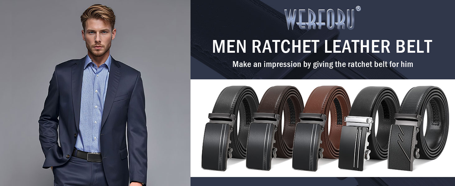 Чоловічий шкіряний ремінь WERFORU з автоматичною пряжкою, регульований, 3.5 см, для костюма та джинсів, E-чорний, 145 см (обхват талії 105-125 см)