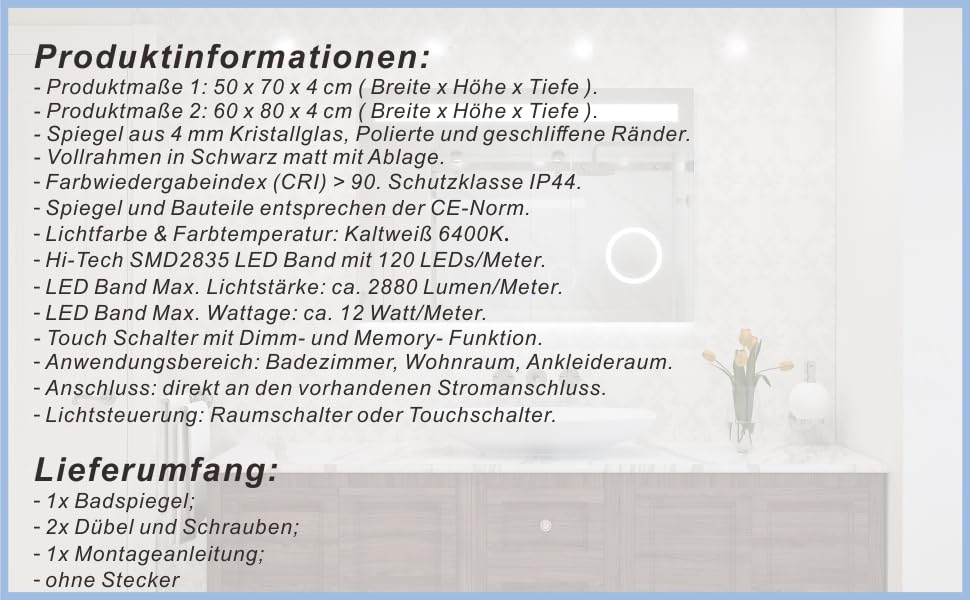 Дзеркало для ванної кімнати AQUABATOS 50x70 см LED з підсвічуванням, сенсорне керування, холодний білий (6400K), IP44, CE, енергозберігаюче