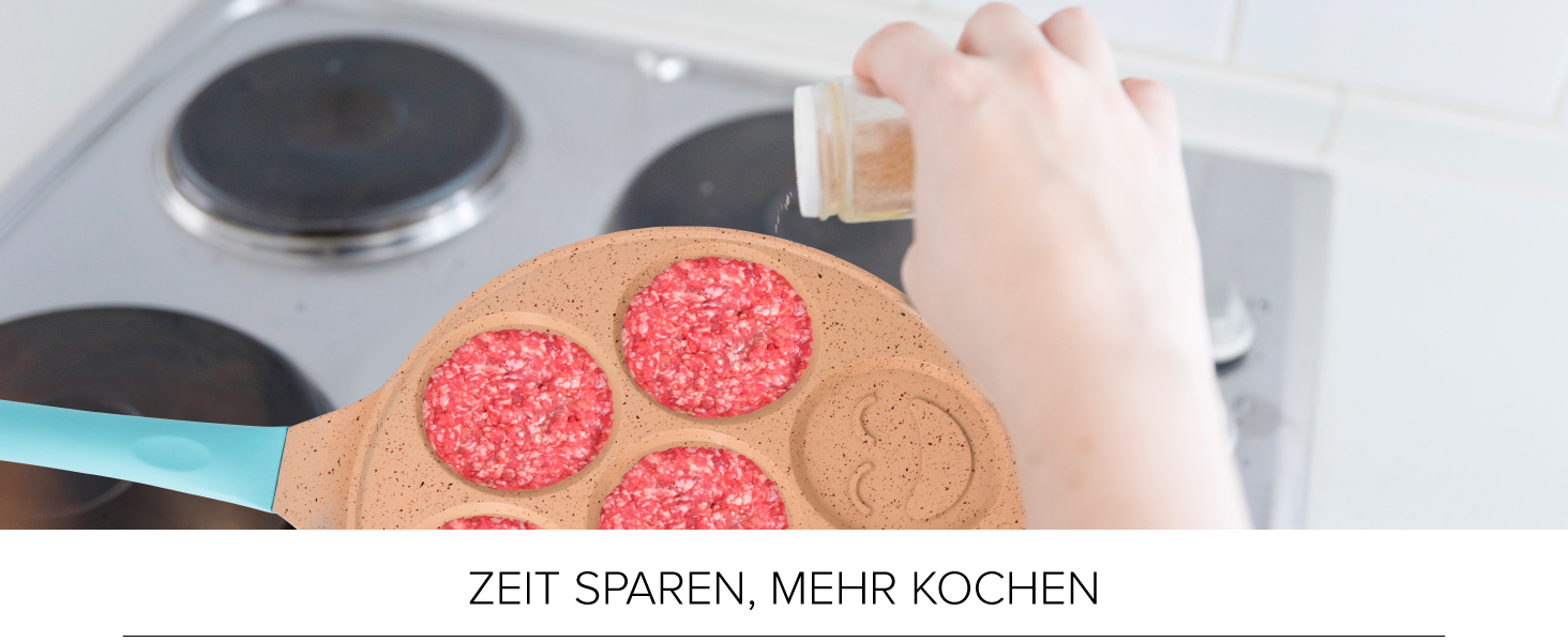 Млинцева пательня Joeji's Kitchen з 7 отворами зі смайликами, 26,5 см, антипригарна, легкий алюмінієвий литий корпус, для індукції, дитяча, універсальна для млинців та яєць, синя
